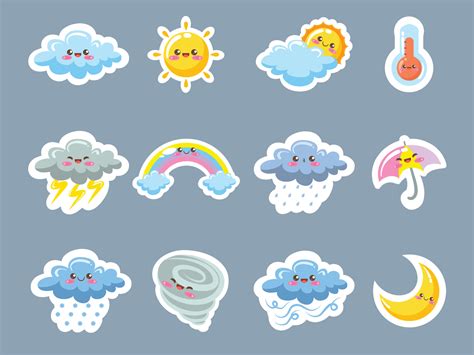 Set Of Cute Weather Icons Sticker Style Cartoon Character And