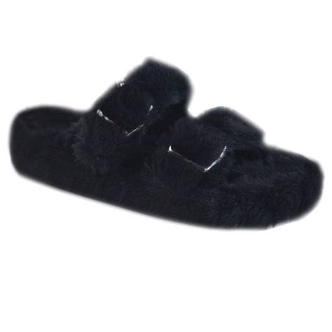 New Womens Buckle Double Strap Sherpa Teddy Faux Fur Flat Plush Sandal