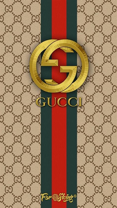 The Gucci Logo Is On Top Of A Beige And Green Wallpaper With Red Stripes