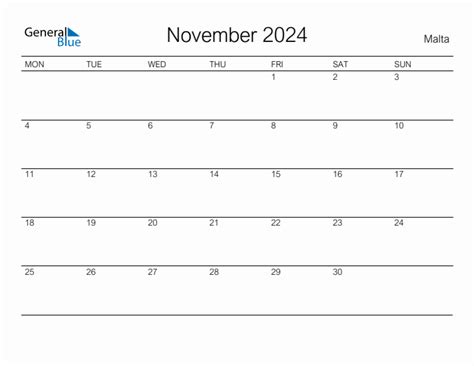 Printable November 2024 Monthly Calendar With Holidays For Malta
