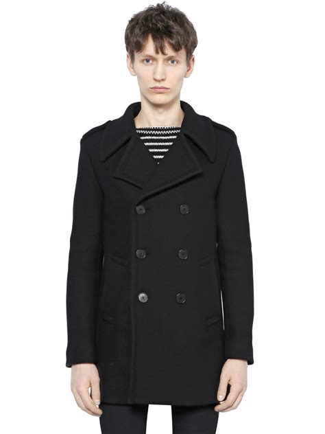 Lyst Saint Laurent Double Breasted Duffle Wool Peacoat In Black For Men