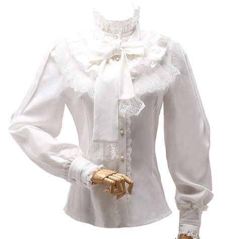 Vintage Womens High Neck Ruffle Victorian Lace Long Sleeves Shirt