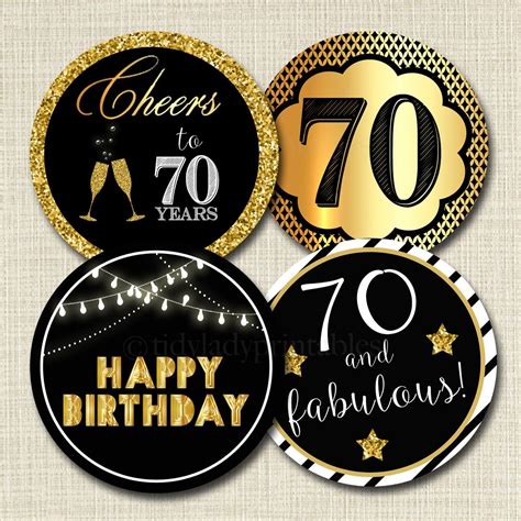 Happy 70th Birthday Badges With Gold Glitter And Black Background