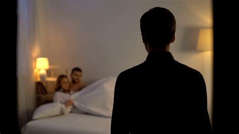 Man Looking At His Wife With Lover In Bed Unfair Relations Partner