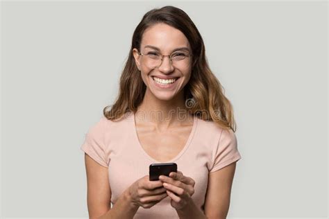 Headshot Portrait Laughing Girl In Glasses Looking At Camera Stock