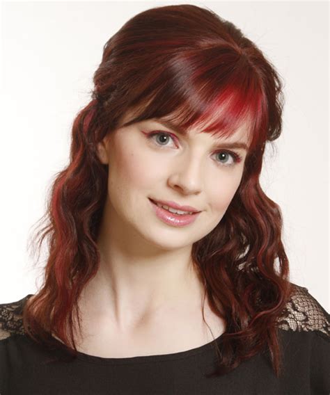 Medium Curly Dark Red Half Up Hairstyle With Layered Bangs