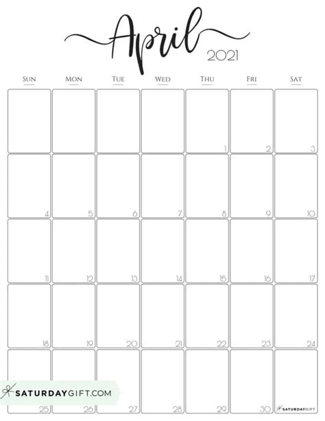 Cute And Free Printable April 2021 Calendar Saturdayt