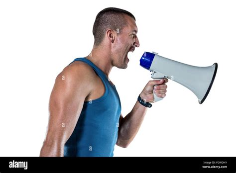 Angry Male Trainer Yelling Through Megaphone Stock Photo Alamy