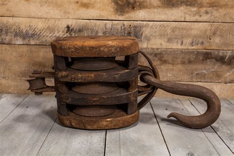 Vintage Large Triple Wooden Pulley Rustic Primitive Barn Pulley Iron