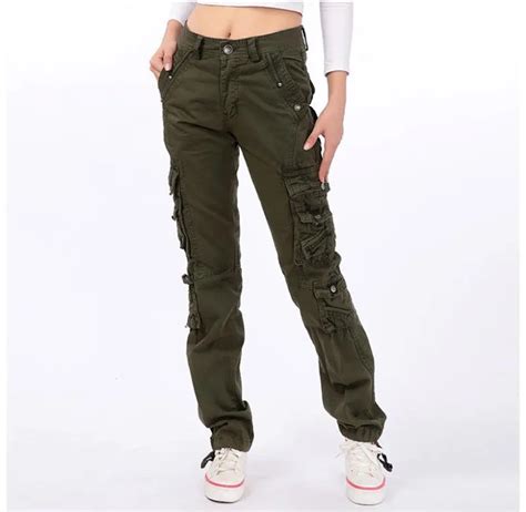 Ladies Casual Army Green Military Cotton Cargo Pants Autumn Winter