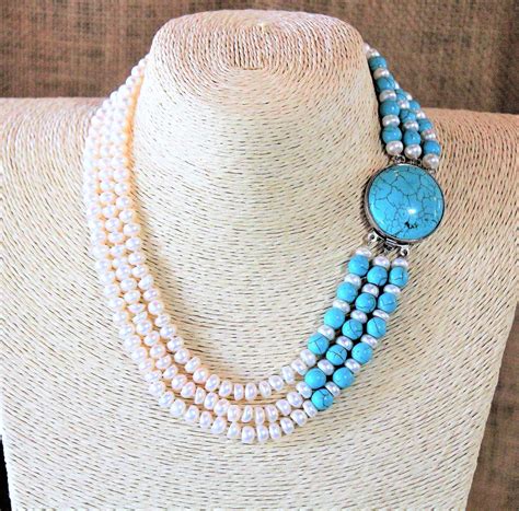 Pearl And Turquoise Elegant Beaded Necklace Classic Glamour Necklace