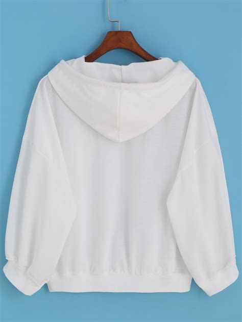 Hooded Drawstring Loose White Sweatshirt Sheinsheinside