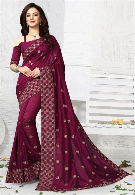 Embroidered Art Silk Saree In Wine Saree Designs Fancy Sarees Art Silk Sarees