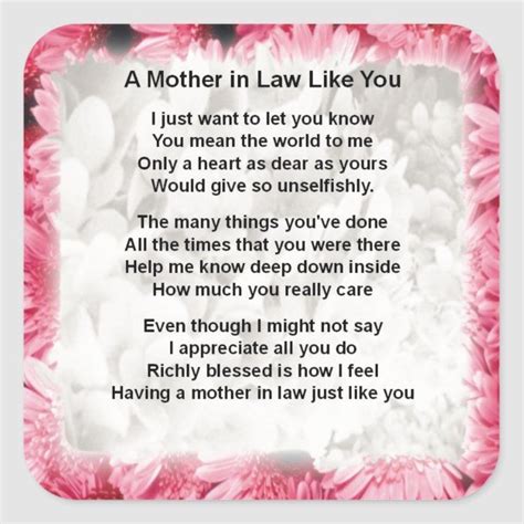 Pink Floral Mother In Law Poem Square Sticker Zazzle Mother In Law Birthday Mother In Law