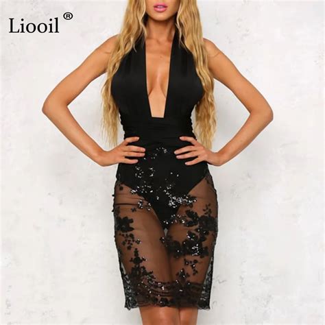 Liooil Sexy Club See Through Lace Sequin Midi Dress Women Sleeveless V Neck Sheath Backless