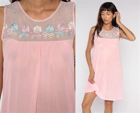 Sheer Pink Nightgown Lingerie Slip Dress 70s Embroide Gem