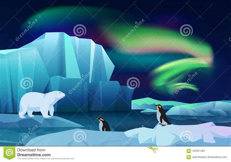 Cartoon Vector Nature Winter Arctic Ice Landscape With Iceberg Snow