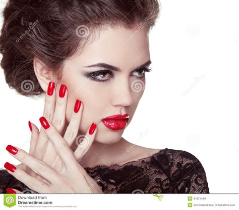 Nails Closeup Manicure And Makeup Retro Woman With Red