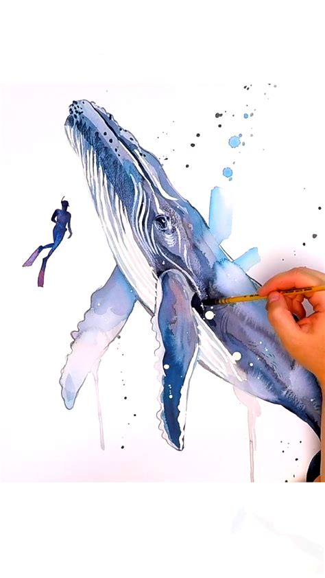 Scuba Diving With Humpback Whale Watercolor Painting By Slaveika