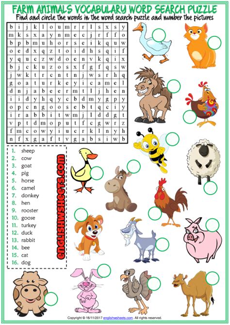 Farm Animals Word Search Puzzle Esl Printable Worksheet Animal