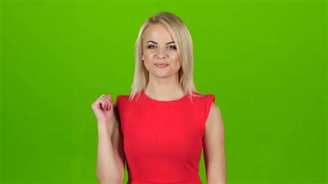 Pleased Girl Shows Gesture All Right Thumbs Up Green Screen Stock Footage
