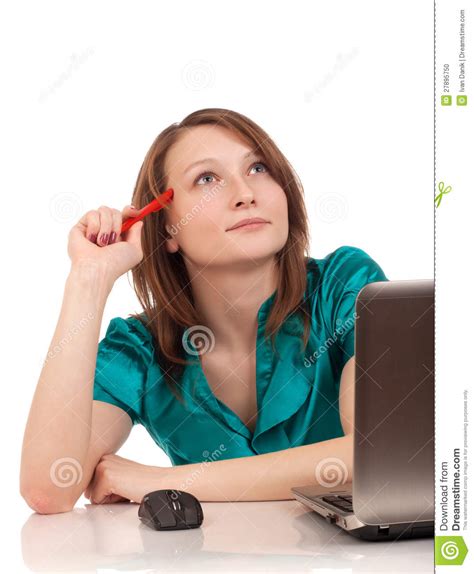 Portrait Of Business Woman Sitting On Her Desk Stock Photo Image Of