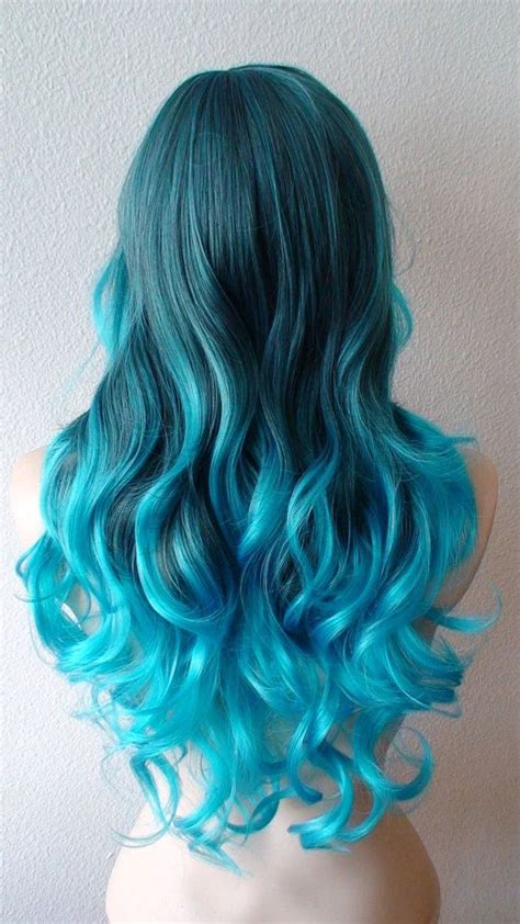Turquoise Blue Ombre Wig Long Curly Hair Long Side Bangs