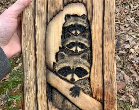 Raccoons Wood Carving Wood Wall Art Chainsaw Art Hand Etsy