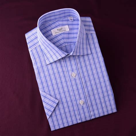 Blue Plaids And Checks Mens Dress Shirt Short Sleeve Business Casual Semi