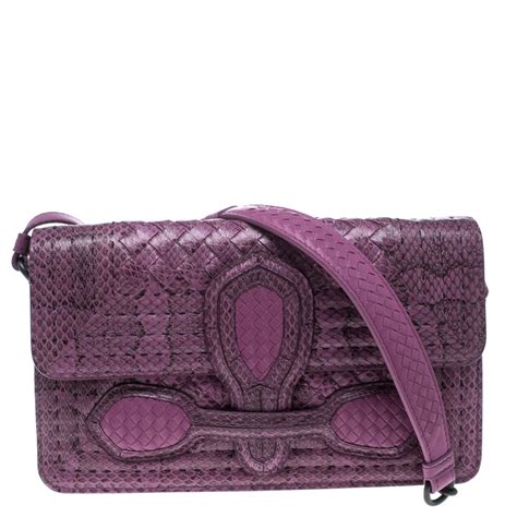 Bottega Veneta Purple Intrecciato Snakeskin Rialto Shoulder Bag Bottega