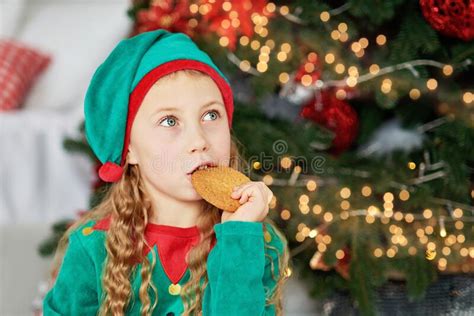 The Little Girl Under The Christmas Tree Stock Image Image Of Cute