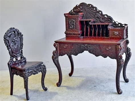 Sold Price Japanese Carved Desk And Chair With Intricate Carvings Of
