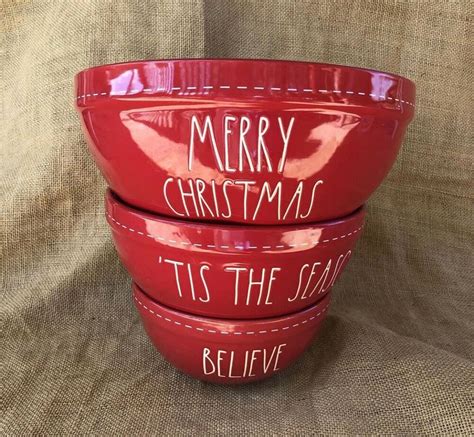 New Rae Dunn Set Of 3 Mixing Bowls Red Believe Tis The Season Merry