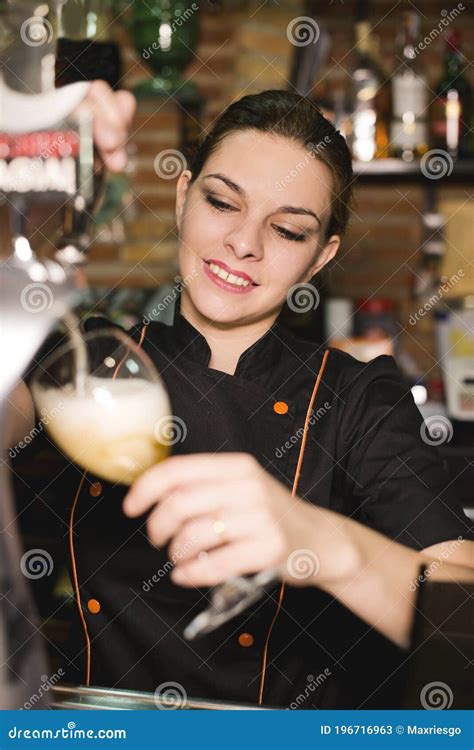 Pretty Waitress Serving Beer In A Bar Stock Image Image Of Alcohol