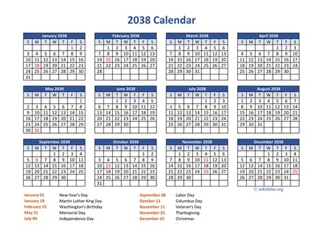 Pdf Calendar 2038 With Federal Holidays