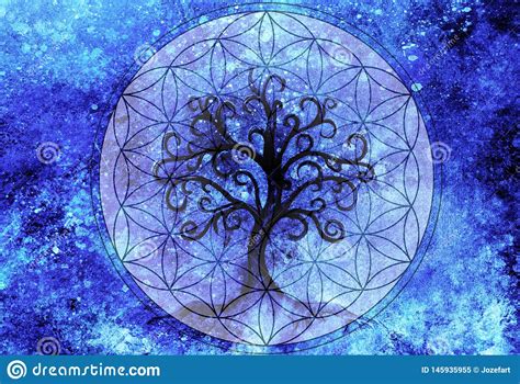 Tree Of Life Symbol On Structured Ornamental Background Flower Of Life