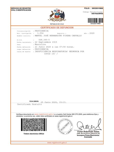 Certificado De Defunción Bernardino Piñera