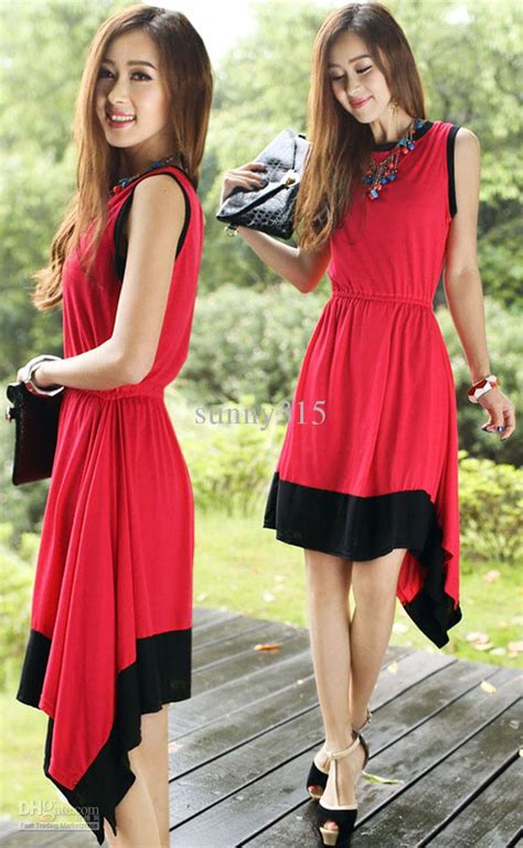 Summer Dress Women Ladies Sleeveless Knit Cotton Dress Asymmetrical Contrast Color Knee Length