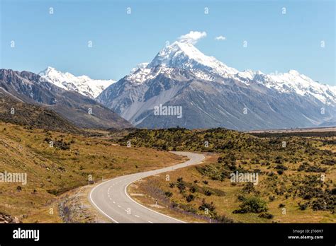 Curvy Road With View To Mount Cook Snow Covered Mountains Mount Cook