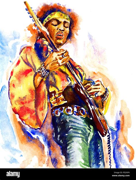 Jimi Hendrix With Guitar On Stage In Hippie Clothing Motley Headscarf