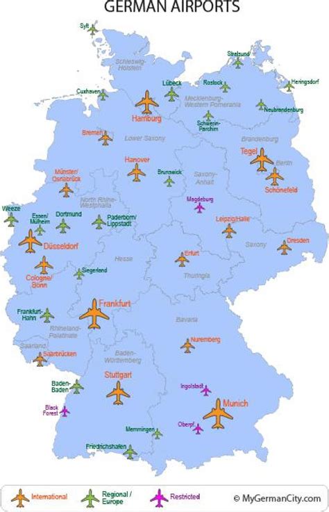 Detailed large political map of germany showing names of capital cities, towns, states, provinces and boundaries with neighbouring countries. International airports in Germany map - Major airports in ...