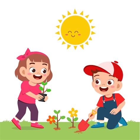 Premium Vector Happy Cute Little Kid Boy And Girl Plant Flower