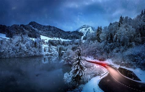 Wallpaper Winter Road The Sky Snow Landscape Mountains Night