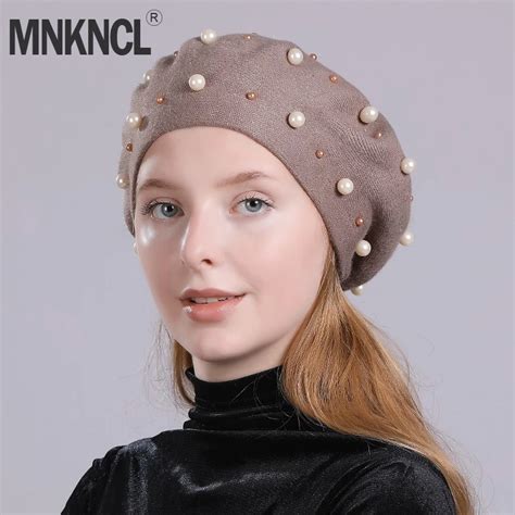 Mnkncl Fashion Pearl Berets Hat For Women Autumn Winter Cashmere Hats Beret Female Knitted