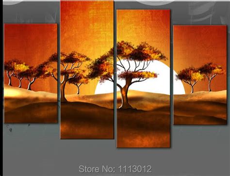 Abstract Africa Sunset Sunrise Tree Oil Painting Hand Painted 4 Panel