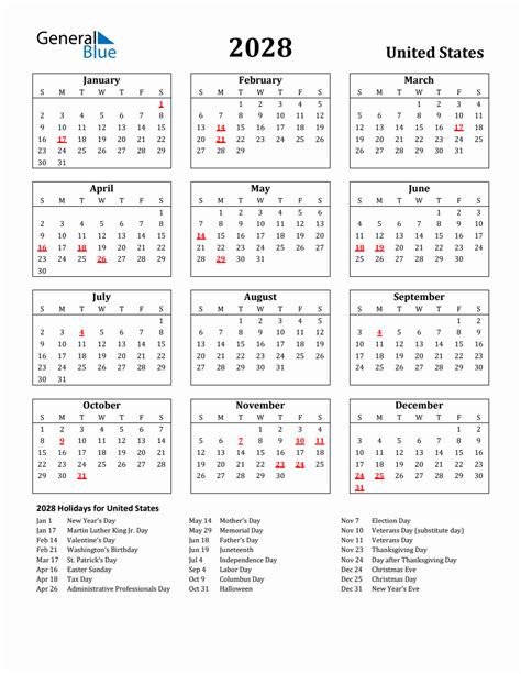 Free Printable 2028 United States Holiday Calendar