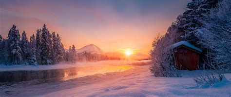 Nature Landscape Sunrise Winter River Mountain Snow Forest Cabin Cold Sun Rays Norway