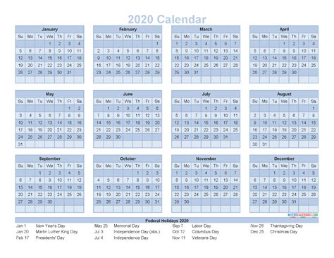 12 Month Calendar On One Page 2020 Printable Pdf Excel Image Free
