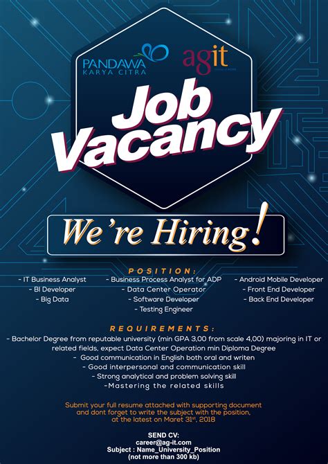 Find the latest jobs in kenya 2021. Job Vacancy PT. Pandawa Karya Citra | Budi Luhur Career Center