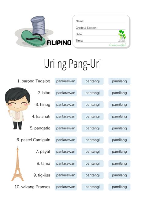 Mga Uri Ng Pang Uri Hunterswoodsph Filipino Worksheets